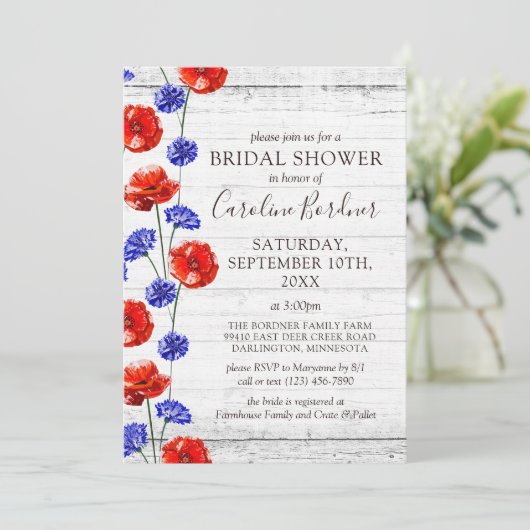 Vrijgezellenfeest rustiek hout & rood papaver land kaart (Staand voorkant)