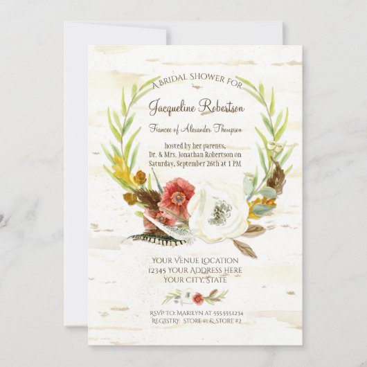 Vrijgezellenfeest rustieke krans boho veer berk kaart (Voorkant)