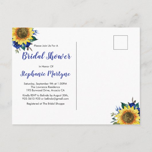 Vrijgezellenfeest "Rustige zonnebloem Blauwe Flora Uitnodiging Briefkaart (Achterkant)