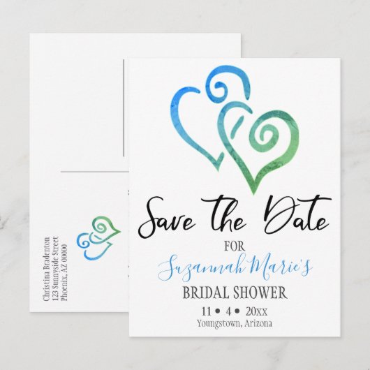 Vrijgezellenfeest Save the Date Blue Hearts Anno Aankondigingskaart (Voorkant / Achterkant)