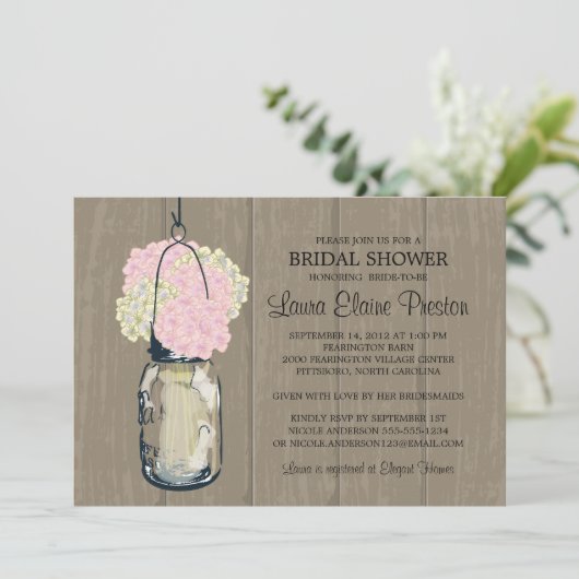 Vrijgezellenfeest Schuur Hout Mason Jar Hydrangeas Kaart (Staand voorkant)