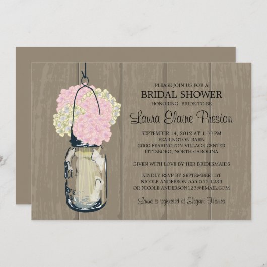 Vrijgezellenfeest Schuur Hout Mason Jar Hydrangeas Kaart (Voorkant / Achterkant)