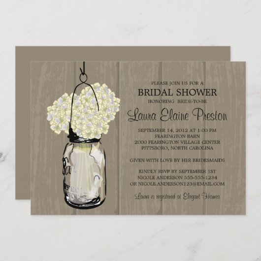 Vrijgezellenfeest Schuur Hout Mason Jar Hydrangeas Kaart (Voorkant / Achterkant)