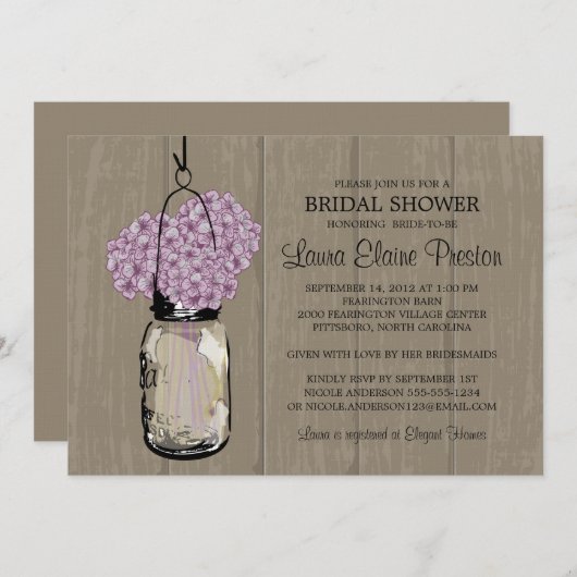 Vrijgezellenfeest Schuur Hout Mason Jar Hydrangeas Kaart (Voorkant / Achterkant)