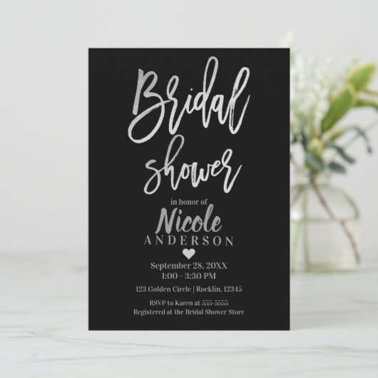 VRIJGEZELLENFEEST Silver Foil & Black Modern Scrip Kaart (Staand voorkant)