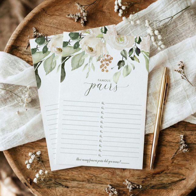 Vrijgezellenfeest speelt beroemde paren - beroemde (Famous couples printed bridal shower game - elegant white watercolor floral sage greenery)