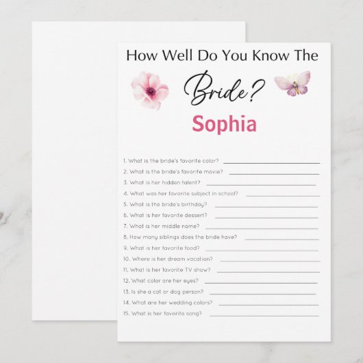 Vrijgezellenfeest speelt hoe goed je de bride kent kaart (Voorkant / Achterkant)