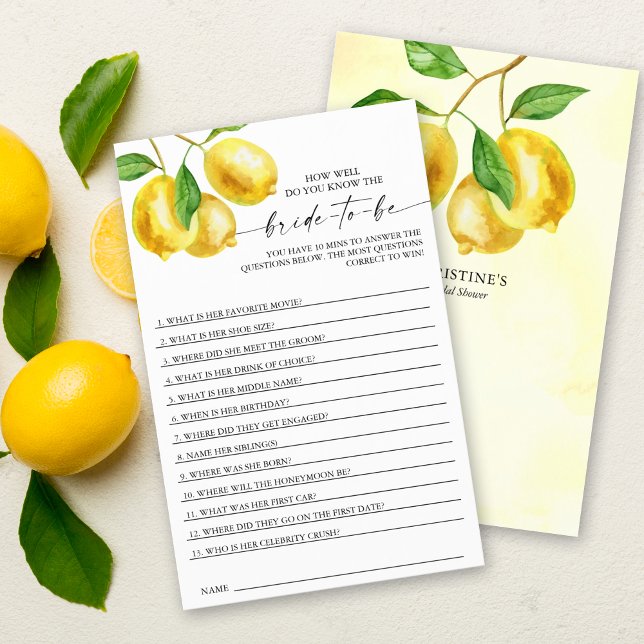 Vrijgezellenfeest Spel Citroen Fruit (Add some fun to your lemon bridal shower with this "How well do you know the Bride" game.)