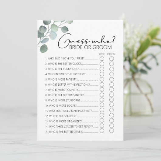 Vrijgezellenfeest spel-eucalyptus-raad wie programmakaart (Staand voorkant)