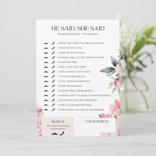 Vrijgezellenfeest spel Hij zei dat ze zei roze blo Kaart (Staand voorkant)