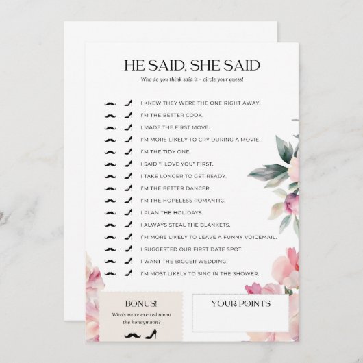 Vrijgezellenfeest spel Hij zei dat ze zei roze blo Kaart (Voorkant / Achterkant)