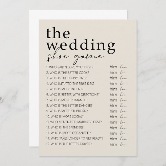 Vrijgezellenfeest Spel - Huwelijk Schoen Spel Programmakaart (Voorkant / Achterkant)