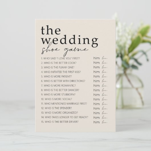 Vrijgezellenfeest Spel - Huwelijk Schoen Spel Programmakaart (Staand voorkant)