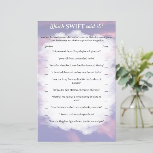 Vrijgezellenfeest spel "Welke Swift zei het?" (Staand voorkant)