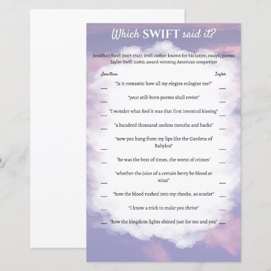 Vrijgezellenfeest spel "Welke Swift zei het?" (Voorkant / Achterkant)