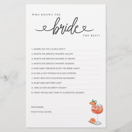 Vrijgezellenfeest spel Wie kent de bruid het beste (Voorkant)