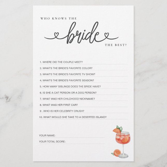 Vrijgezellenfeest spel Wie kent de bruid het beste (Voorkant)