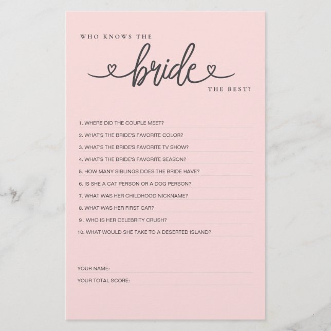 Vrijgezellenfeest spel Wie kent de bruid het beste (Voorkant)