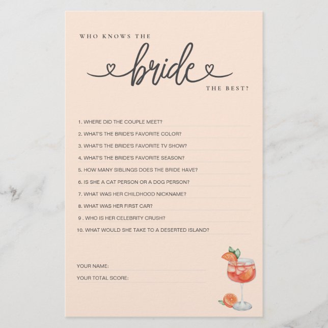 Vrijgezellenfeest spel Wie kent de bruid het beste (Voorkant)