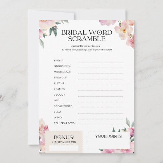 Vrijgezellenfeest Spel Word Scramble Roze Bloemen Kaart (Voorkant)