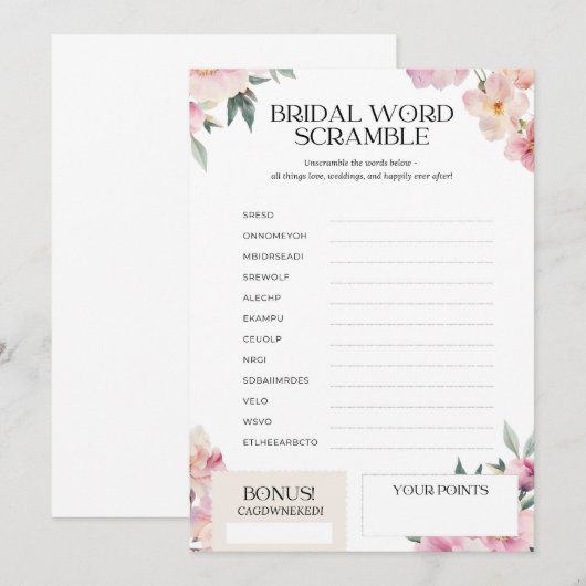 Vrijgezellenfeest Spel Word Scramble Roze Bloemen Kaart (Voorkant / Achterkant)