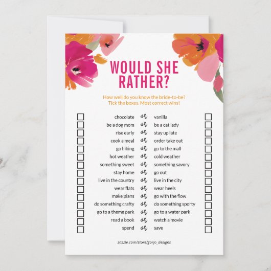  Vrijgezellenfeest spel 'zou ze liever' Kaart (Voorkant)