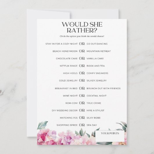 Vrijgezellenfeest spel zou ze liever roze bloemenp kaart (Voorkant)