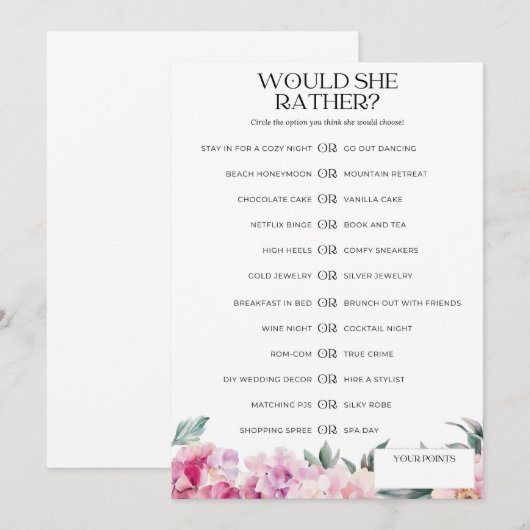 Vrijgezellenfeest spel zou ze liever roze bloemenp kaart (Voorkant / Achterkant)