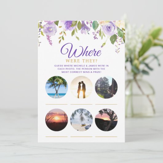 Vrijgezellenfeest Spelletjes Paarse Bloemen Fotoka Kaart (Staand voorkant)