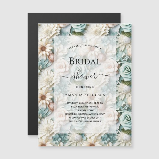 Vrijgezellenfeest stoffige groene witte bloemenlux magnetische uitnodiging (Voorkant / Achterkant)