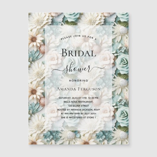 Vrijgezellenfeest stoffige groene witte bloemenlux magnetische uitnodiging (Voorkant)