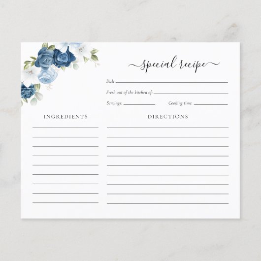 Vrijgezellenfeest Stusty Blue Floral Recipe Card (Voorkant)