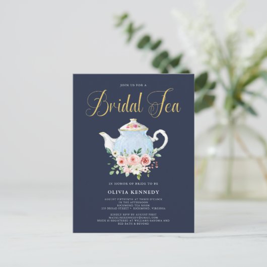 Vrijgezellenfeest Tea Elegant Blush Bloemen Goud I Briefkaart (Staand voorkant)