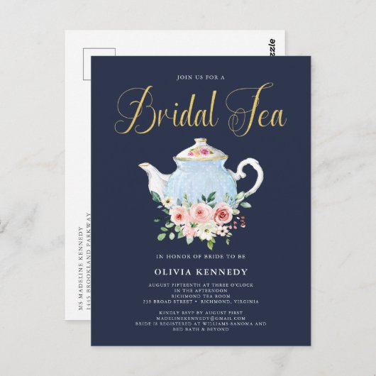 Vrijgezellenfeest Tea Elegant Blush Bloemen Goud I Briefkaart (Voorkant / Achterkant)