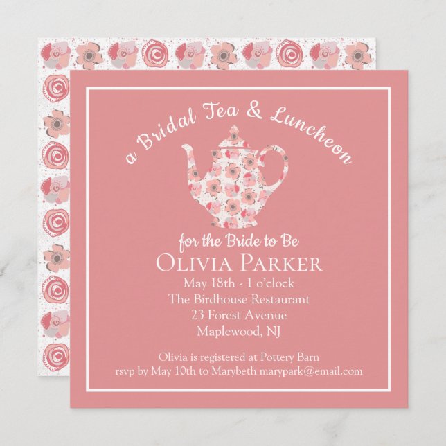 Vrijgezellenfeest Tea en Luncheon Teapot Invitatio (Voorkant / Achterkant)