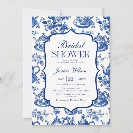 Vrijgezellenfeest Tea Party Blauw Wit Chinoiserie Kaart (Voorkant)