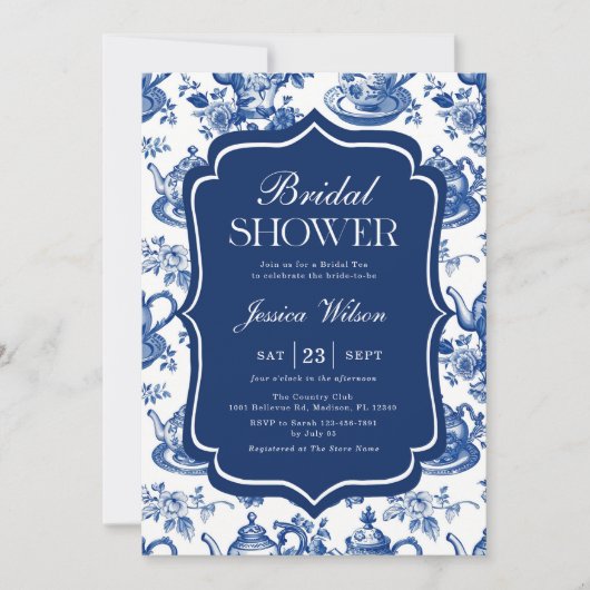 Vrijgezellenfeest Tea Party Blue Chinoiserie Kaart (Voorkant)