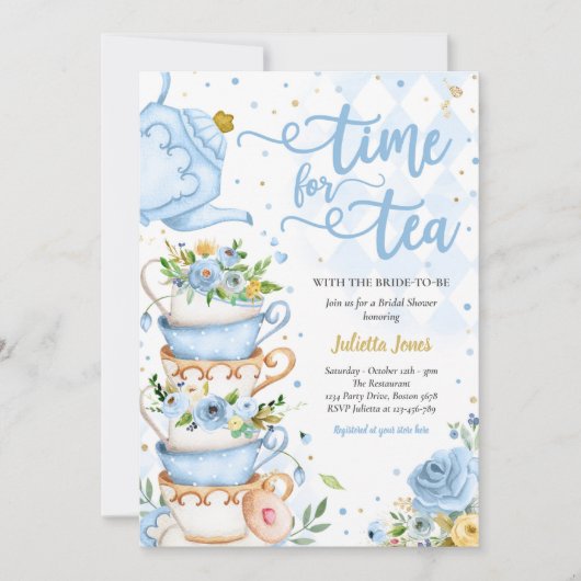 Vrijgezellenfeest Tea Party Blue en Gold Floral Kaart (Voorkant)