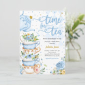Vrijgezellenfeest Tea Party Blue en Gold Floral Kaart (Staand voorkant)