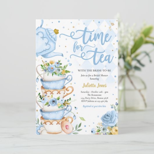 Vrijgezellenfeest Tea Party Blue en Gold Floral Kaart (Staand voorkant)