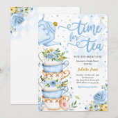 Vrijgezellenfeest Tea Party Blue en Gold Floral Kaart (Voorkant / Achterkant)
