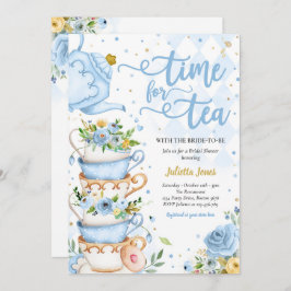 Vrijgezellenfeest Tea Party Blue en Gold Floral Kaart
