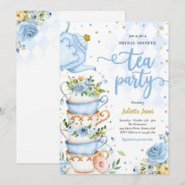 Vrijgezellenfeest Tea Party Blue en Gold Floral Kaart
