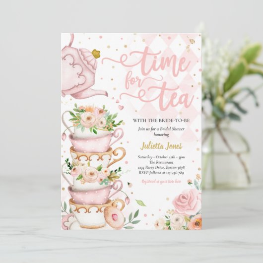 Vrijgezellenfeest Tea Party Blush roze and Gold Fl Kaart (Staand voorkant)