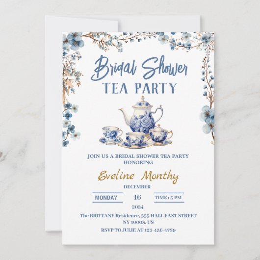 Vrijgezellenfeest Tea Party Delfts Blauw Bloemen b Kaart (Voorkant)