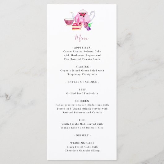 Vrijgezellenfeest Tea Party Dusty Pink Teapot Menu (Voorkant)