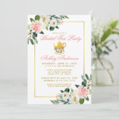 Vrijgezellenfeest Tea Party Gold Pink Floral Invit Kaart (Staand voorkant)