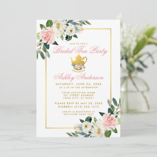 Vrijgezellenfeest Tea Party Gold Pink Floral Invit Kaart (Staand voorkant)