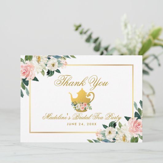 Vrijgezellenfeest Tea Party Goud Roze Bloemen Beda Bedankkaart (Staand voorkant)
