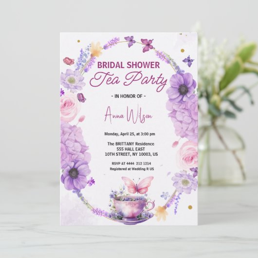 Vrijgezellenfeest Tea Party Lavendel Lila Vlinder Kaart (Staand voorkant)